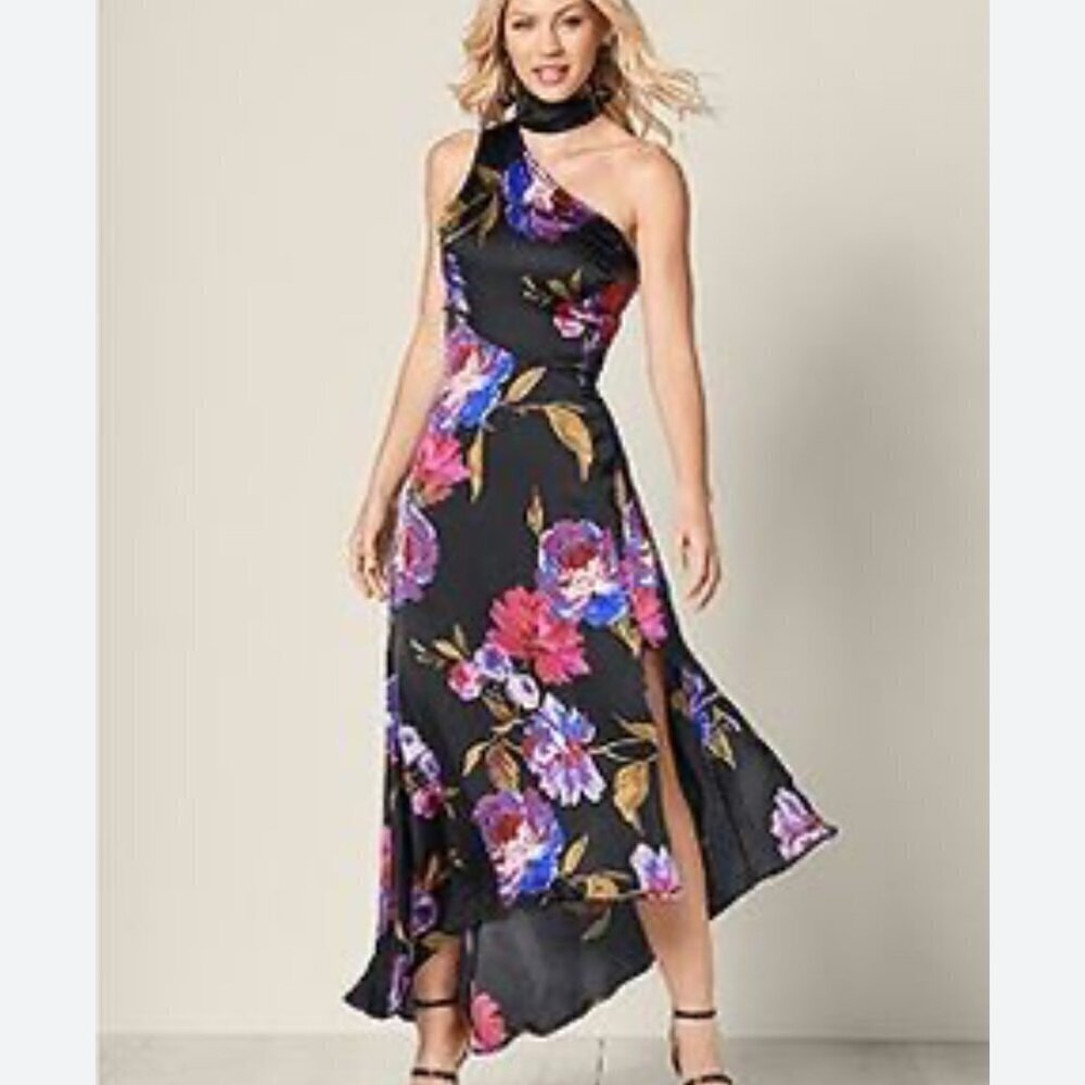 Venus Asymmetrical High Low Silky Floral Dress Sz Sm​​​​​​​​